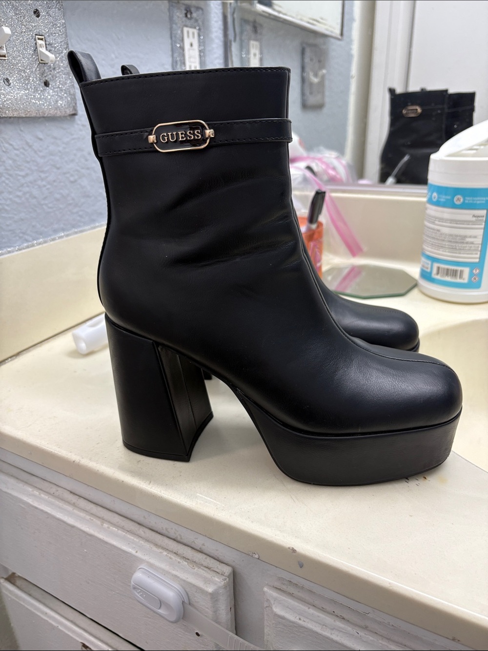 GUESS Black Platform Block Heel Ankle Boots - Picture 4 of 5